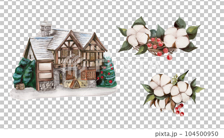 Watercolor winter house with a snow covered roof and cotton branches. Hand drawn illustration of a winter cottage for invitations, greeting cards, prints, packaging. Merry christmas and happy new year Watercolor winter house with a snow covered roof and cotton branches. Hand drawn illustration of a winter cottage for invitations, greeting cards, prints, packaging. Merry christmas and happy new year 104500950