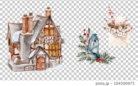 Watercolor wnter house with a snow covered roof, lamp, envelop and cotton branches. Hand drawn illustration of a winter cottage for invitations, greeting cards, prints, packaging. Watercolor wnter house with a snow covered roof, lamp, envelop and cotton branches. Hand drawn illustration of a winter cottage for invitations, greeting cards, prints, packaging. 104500973