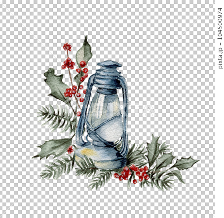 Watercolor winter composition of a lamp, red berries and green branches. Hand drawn illustration of a winter for invitations, greeting cards, prints, packaging. Merry christmas and happy new year. 104500974