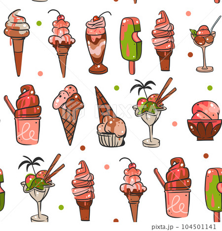Hand drawn vector abstract graphic ice cream cone ,sundae line art illustrations seamless pattern.Ice cream dessert vector illustration design concept art. Sweet dessert cute doodle summer pattern. Hand drawn vector abstract graphic ice cream cone ,sundae line art illustrations seamless pattern.Ice cream dessert vector illustration design concept art. Sweet dessert cute doodle summer pattern. 104501141