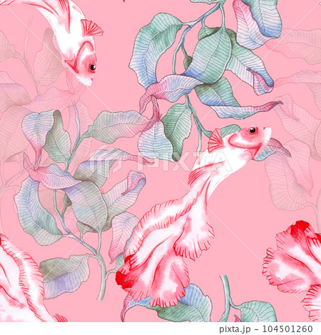 Seamless pattern with color leaves and fish on pink background Seamless pattern with color leaves and fish on pink background 104501260
