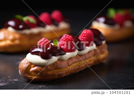 Delicious eclairs with berries and creamy filling. Traditional French pastry dessert. Generative AI 104501281
