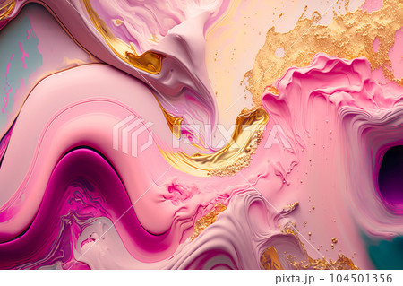 Fluid Art. Liquid pink cream and metallic gold waves and swirls. Generative AI illustration Fluid Art. Liquid pink cream and metallic gold waves and swirls. Generative AI illustration 104501356