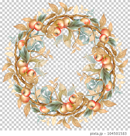 Autumn decorative frame with tree leaves, branches and apples. Fall harvest wreath illustration 104501583