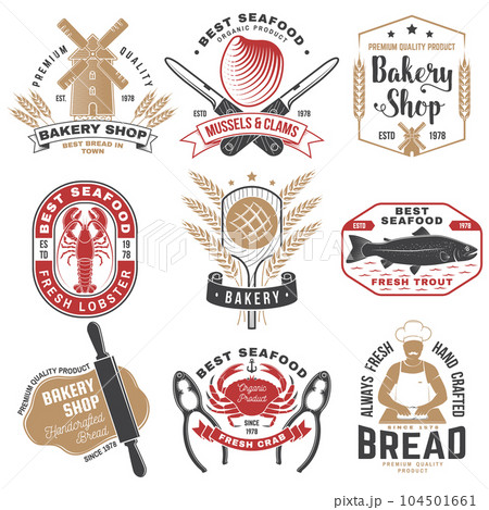 Set of Bakery and seafood badges. Vector. For emblem, sign, patch, shirt, menu restaurants with rolling pin, windmill, wheat ears, tuna, trout, shrimp, octopus crab mussels and clams. 104501661
