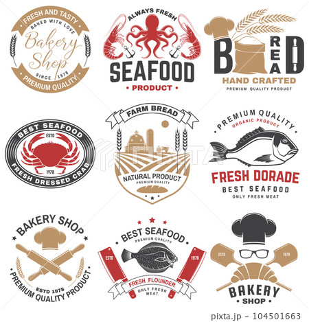Set of Bakery and seafood badges. Vector. For emblem, sign, patch, shirt, menu restaurants with rolling pin, windmill, wheat ears, tuna, trout, shrimp, octopus crab mussels and clams. Set of Bakery and seafood badges. Vector. For emblem, sign, patch, shirt, menu restaurants with rolling pin, windmill, wheat ears, tuna, trout, shrimp, octopus crab mussels and clams. 104501663