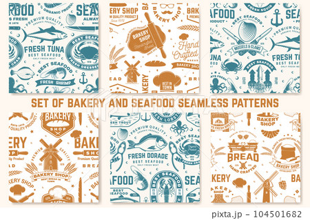 Bakery and seafood seamless pattern or background. Vector illustration. Seamless bakery pattern with with rolling pin, windmill, wheat ears, tuna, trout, shrimp, octopus, crab, mussels and clams 104501682