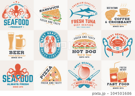 Set of seafood and fast food retro badge. Vector. For seafood emblem, sign, patch, shirt, menu restaurants with tuna, trout, shrimp, octopus crab mussels and clams, hotdog, burger, pizza Set of seafood and fast food retro badge. Vector. For seafood emblem, sign, patch, shirt, menu restaurants with tuna, trout, shrimp, octopus crab mussels and clams, hotdog, burger, pizza 104501686