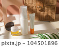 close-up suncare and sunscreen products and lip balm for summer beauty. 104501896