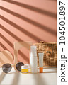 skincare product with bag and sunglasses for summer care and beauty and fashion concept. 104501897