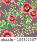 Seamless watercolor pattern whith purple flowers and green leaves on grey background. Suits like print on textile, clothes, paper 104502307