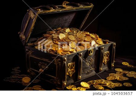 Old open pirate treasure chest full of golden coins. Generative AI Old open pirate treasure chest full of golden coins. Generative AI 104503657