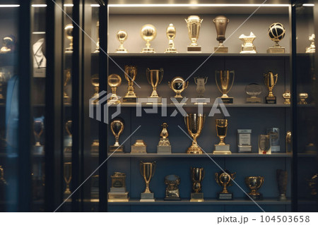 Trophy display case shelf made of glass and wood full of gold and silver trophies. Generative AI 104503658