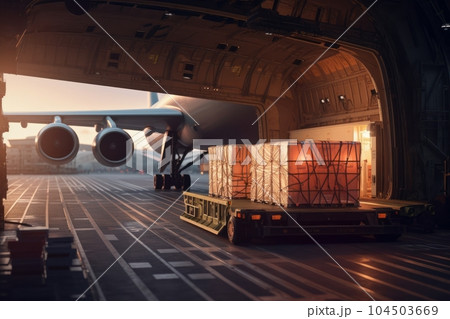 Cargo plane and a car with cargo at the airport. Loading transport aircraft in the cargo terminal of the airport. International freight transport and logistics concept. 3D illustration. 104503669