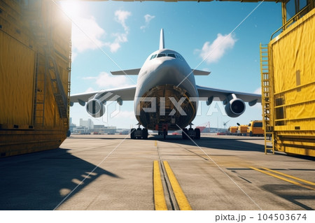 Front view of a cargo plane at the airport. Loading transport aircraft in the cargo terminal of the airport. International freight transport and logistics concept. 3D illustration. Front view of a cargo plane at the airport. Loading transport aircraft in the cargo terminal of the airport. International freight transport and logistics concept. 3D illustration. 104503674