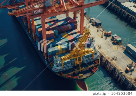Aerial close up view of a cargo container ship. Fully loaded container ship at the cargo terminal in a seaport, port cranes, railroads. Global freight logistics concept. 3D illustration. 104503684