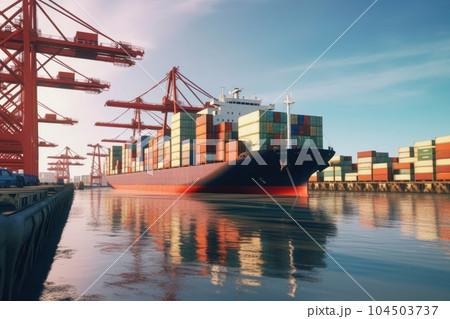 Container ship at the berth in cargo terminal of the port under loading or unloading. Port cranes load containers, place them in rows on the deck of the vessel. International freight shipping concept. 104503737