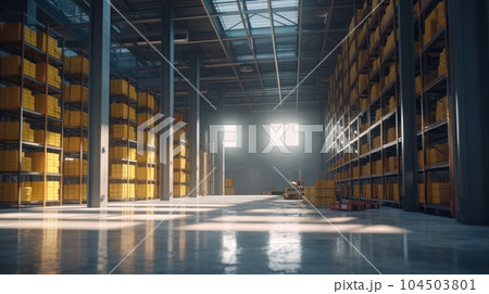 Large industrial warehouse. Tall racks are completely filled with boxes and containers. Many cardboard boxes on the shelves. Forklift in the aisle. Global logistic concept. 3D illustration. 104503801