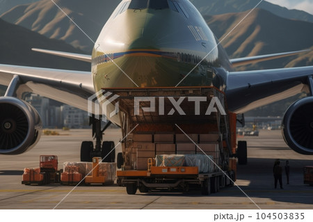 Front view of a cargo plane at the airport. Loading transport aircraft in the cargo terminal of the airport. International freight transport and logistics concept. 3D illustration. 104503835