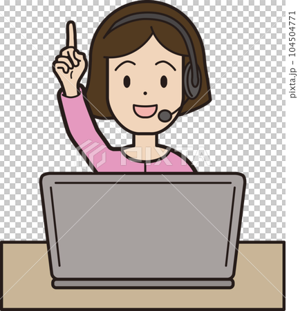 一位年輕女子一邊接電話,一邊在電腦呼叫中心打字,微笑著指出這種關注 一位年輕女子一邊接電話,一邊在電腦呼叫中心打字,微笑著指出這種關注 104504771