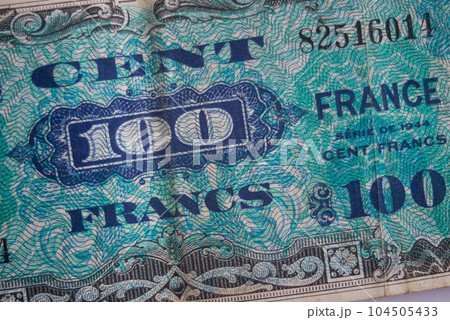 Closeup of vintage bank note of one hundred francs Closeup of vintage bank note of one hundred francs 104505433