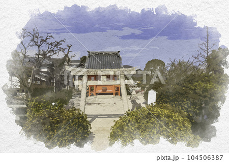 水彩画風　吉備津神社　宇賀神社　岡山県岡山市 104506387