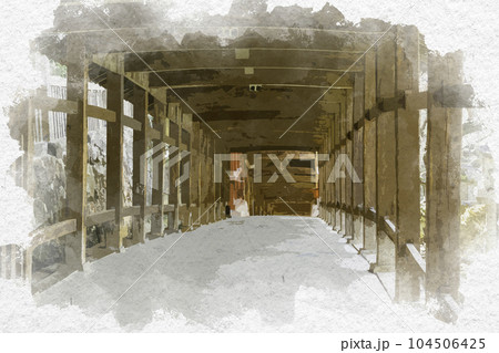 水彩画風　吉備津神社　廻廊　岡山県岡山市 104506425