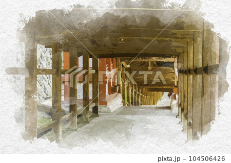 水彩画風 吉備津神社 廻廊 岡山県岡山市 水彩画風 吉備津神社 廻廊 岡山県岡山市 104506426
