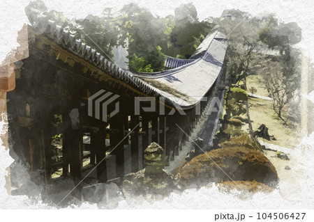 水彩画風　吉備津神社　廻廊　岡山県岡山市 104506427