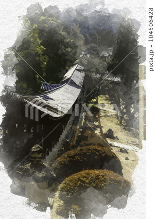 水彩画風　吉備津神社　廻廊　岡山県岡山市 104506428