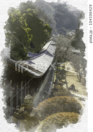 水彩画風　吉備津神社　廻廊　岡山県岡山市 104506429