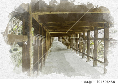 水彩画風　吉備津神社　廻廊　岡山県岡山市 104506430