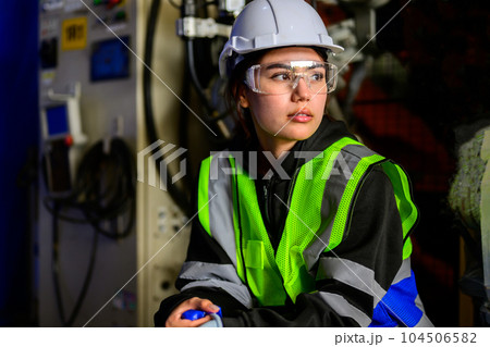 Professional maintenance worker working with robotic arms machine 104506582