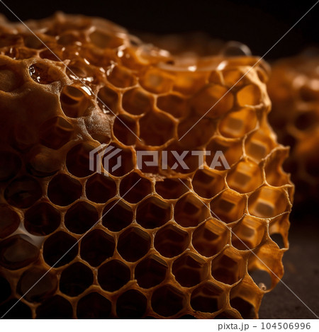 honeycombs close-up on a black background honey flows down the honeycomb honeycombs close-up on a black background honey flows down the honeycomb 104506996