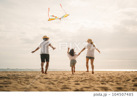 Family travel on beach, Family with car road trip at sea on summer Family travel on beach, Family with car road trip at sea on summer 104507485