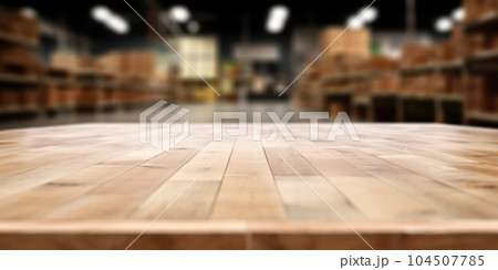 The empty wooden table top with blur background of a large warehouse. Exuberant. The empty wooden table top with blur background of a large warehouse. Exuberant. 104507785