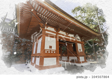 水彩画風　吉備津神社　北随身門　岡山県岡山市 104507864