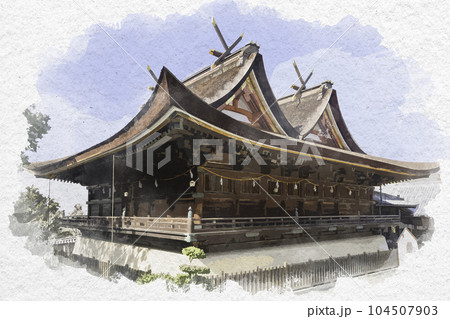 水彩画風　吉備津神社　本殿・拝殿　岡山県岡山市 104507903