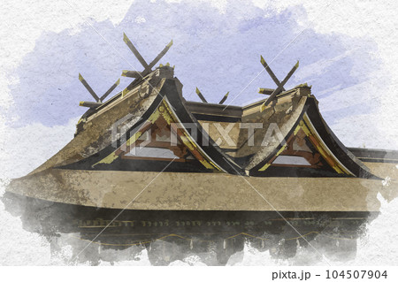 水彩画風 吉備津神社 本殿・拝殿 岡山県岡山市 水彩画風 吉備津神社 本殿・拝殿 岡山県岡山市 104507904