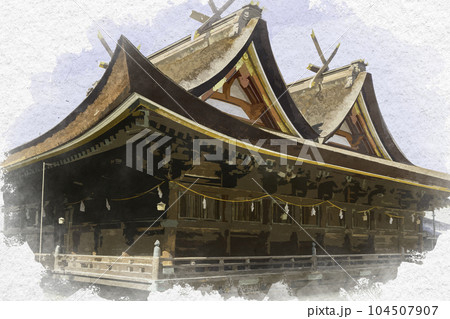 水彩画風　吉備津神社　本殿・拝殿　岡山県岡山市 104507907