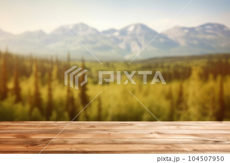 The empty wooden table top with blur background of Alaska nature. Exuberant. 104507950