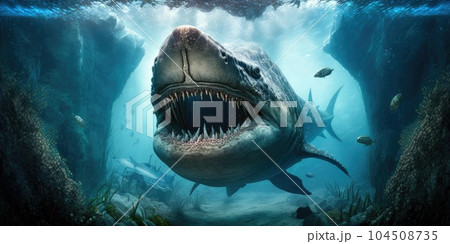 Underwater prehistoric creature or dinosaur swimming underwater. 104508735