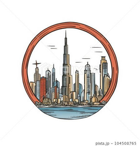 A circle shape frame with center space of Dubai city skyline in simple doodle color cartoon style. Generative AI AIG32 104508765
