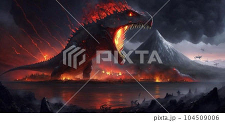 Prehistoric creature or dinosaur in the wild nature. Realistic style drawing. 104509006