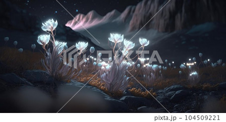 mythical scenery of glowing flower on mountain landscape at night 104509221
