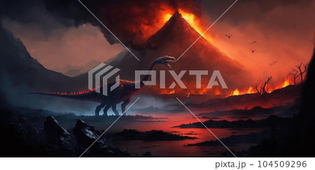 Prehistoric creature or dinosaur in the wild nature. Realistic style drawing. 104509296