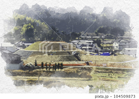 水彩画風　千足古墳　復元工事　岡山県岡山市 104509873