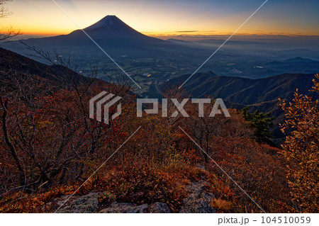 紅葉の朝霧高原・毛無山稜線から見る夜明けの富士山 104510059