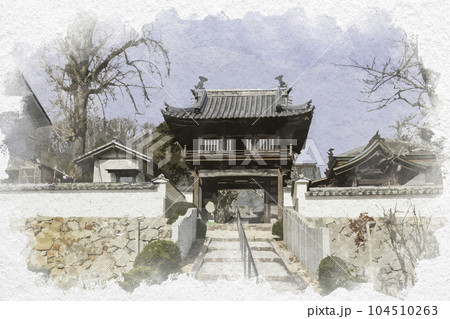 水彩画風　日応寺　鐘楼門　岡山県岡山市 104510263