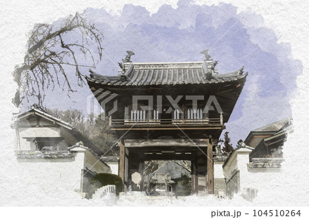 水彩画風 日応寺 鐘楼門 岡山県岡山市 水彩画風 日応寺 鐘楼門 岡山県岡山市 104510264